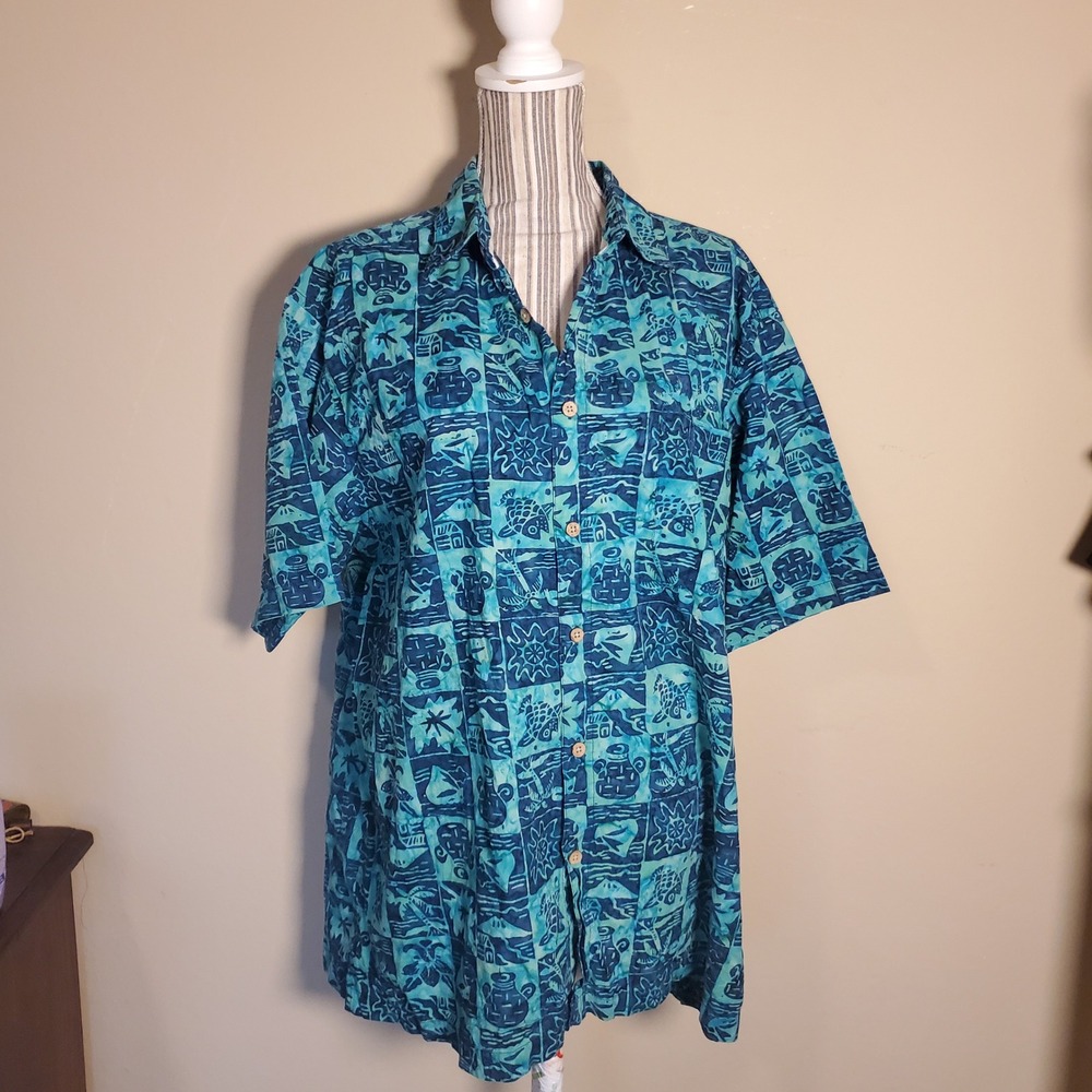 Island Republic Mens XL Teal Blue Tropical Batik Turtle Fish Cotton Camp Shirt